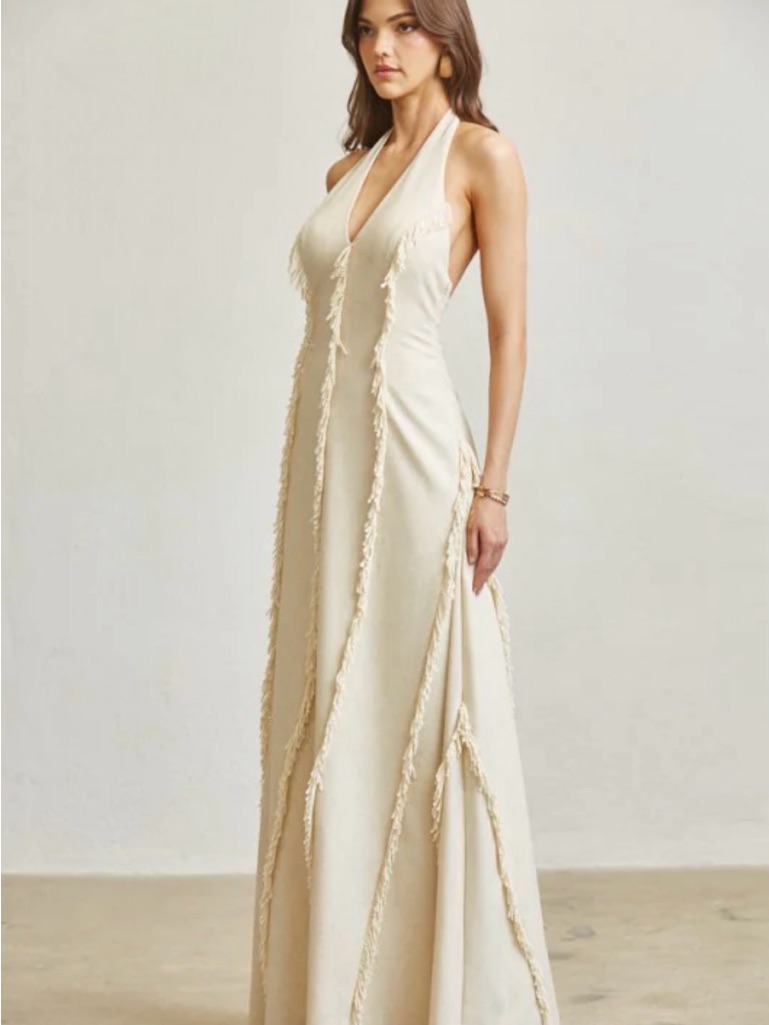 Ivory Halter Fringe Maxi Dress